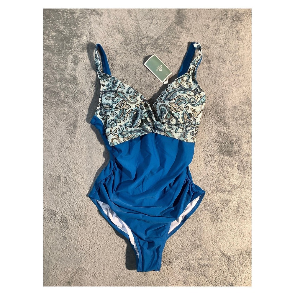EOMENIE Blue Paisley One Piece Swimsuit Tummy Control Ruched‎ Size Medium NWT